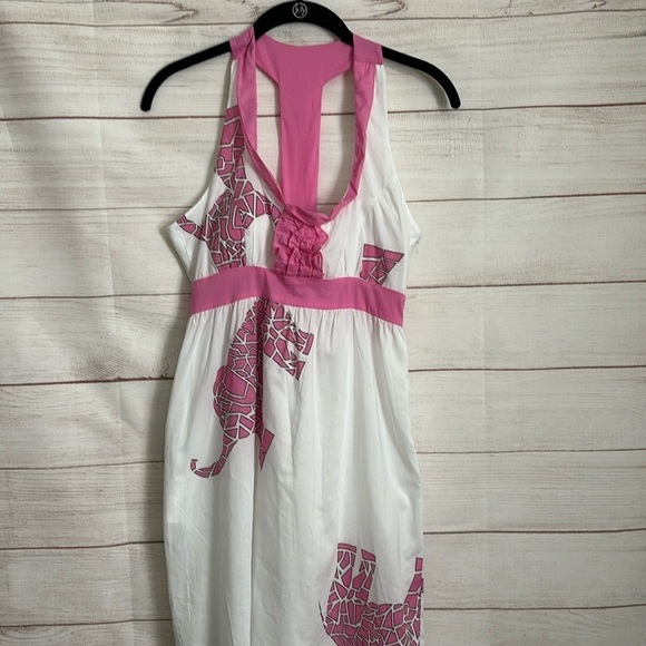 Tracy Negoshian White Pink Elephant Sleeveless Dress Size S - Picture 1 of 7